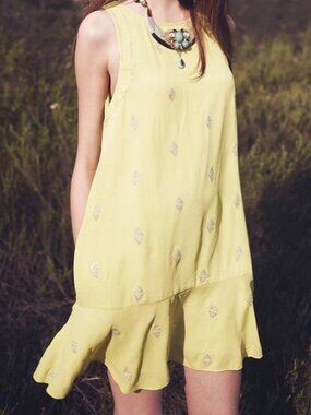 Anthropologie Leifnotes - Embroidered Sequin Dress | Size 4 | Lime Green/Yellow